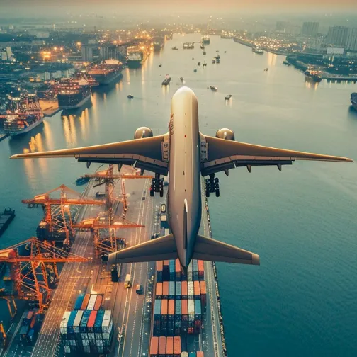 Avión de carga sobre un puerto internacional